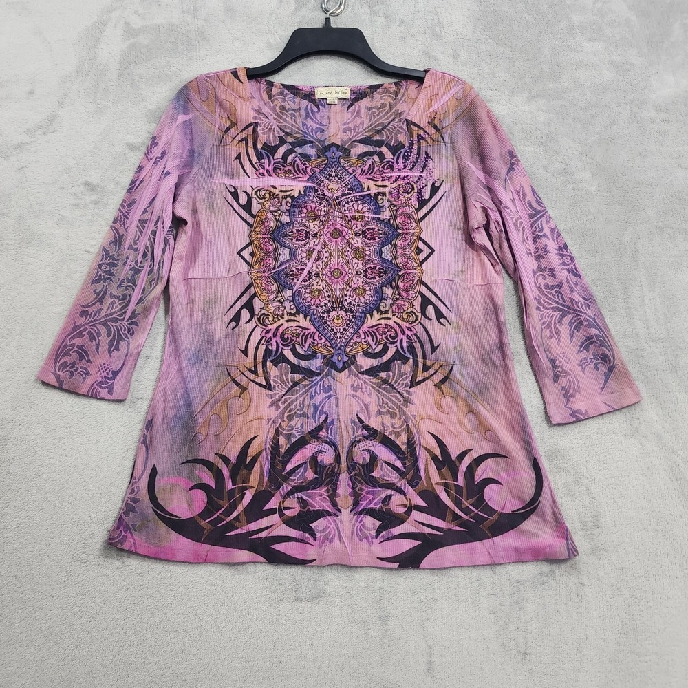 Live And Let Live Top Womens M Pink Floral Rhinestone Tunic‎ 3/4 Sleeve Boho